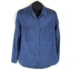 Alison Andrews Chambray Cold Shoulder Button Down Shirt Women's Small Blue Zip